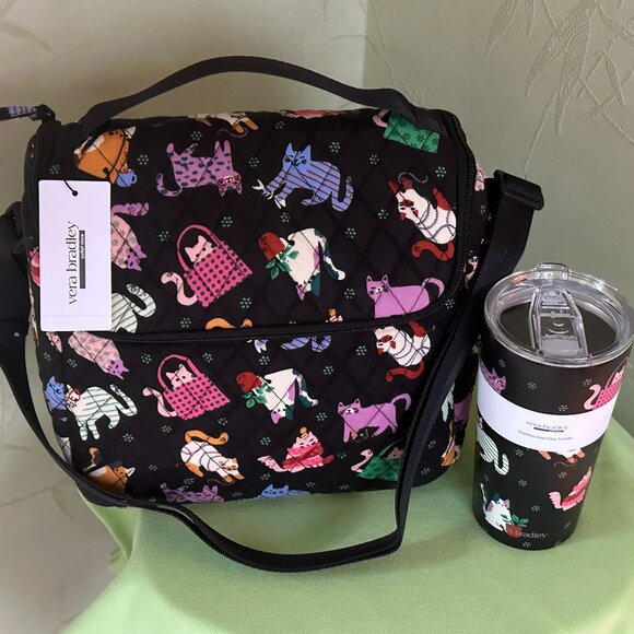VERA BRADLEY HERDING CATS LUNCH CROSSBODY BAG + STAINLESS TUMBLER (SET):NWT CAT - Picture 2 of 13